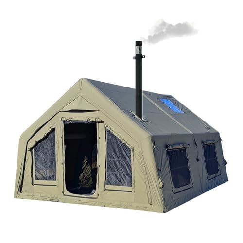 4 Season Air Glamping Tent with Separate Living and Sleeping Area,Waterproof Pop-Up Outhouse Yurt with Pump and Stove Jack Hole, 8-10 Person Camping Tent,Quick Set up (Green_17.2sq M (Cotton Fabric))