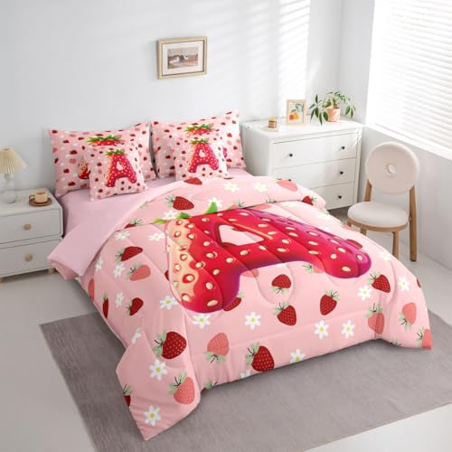 Image of Feelyou Girls Pink Red Strawberry Comforter Set with Sheets 7 Piece Twin Size Initial Letter A Bedding Set for Kids Boys Girls Princess Strawberry Bed in a Bag Room Decor Soft Lightweight Microfiber
