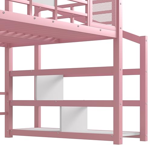 Image of YOPTO Full House Loft Bed with Slide and Stairs,Metal House-Shaped Roof Playhouse Bed w /Storage Shelves,Noise-Free,for Student Dorms,Studio,Pink