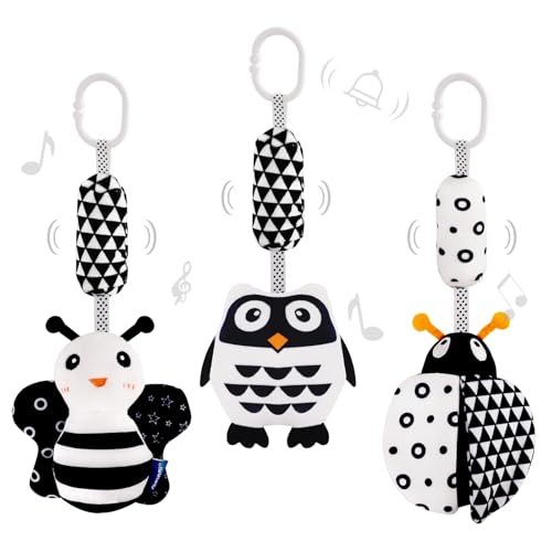 Image of AIPINQI 3 Pack Hanging Rattle Toys,High Contrast Baby Toys and Plush Stroller Toys for Babies 0-18 Months,Newborn Car Seat Toys with Black and White Cartoon Shapes,(Ladybug,Bee & Owl)