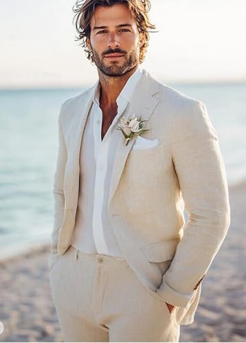 ORBITRAY Men's Beach Wedding Linen Suits Beige Solid Colored 2 Piece Lightweight Casual Suit Men Single Breasted One-Button3