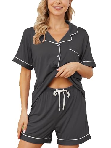 Image of Yoolfine Womens Pajama Sets Short Sleeve Sleepwear Soft Button Down Nightwear Lounge Pj Set XS-XXL