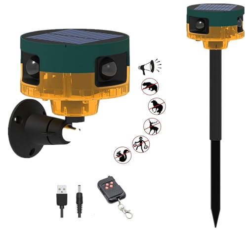 Solar-Outdoor-Sport-Sensor, 360-Grad-Bewegungserkennungs-Sirene: Hund bellt und Schuss, 2 x 130 dB Geräuschmacher, unterstützt Aufnahme, Modus Stroboskoplicht mit USB (Gelb 1pcs)