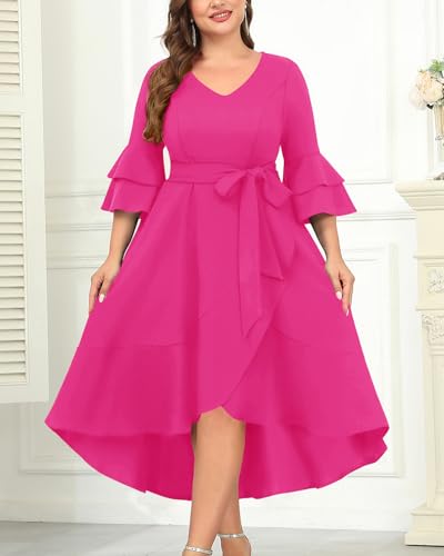 Image of Plus Size Wedding Guest Dress - Double Bell Sleeve High Low Split Dresses | Semi formal cocktail dress, V-neck double bell sleeves with belted high-low split ruffle hem.