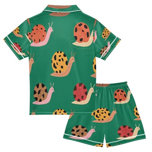 Satin Pajama Sets Short Sleeve Pattern Snail on Green Button Down Silky Nightwear 2 Piece PJS 5-14Y2