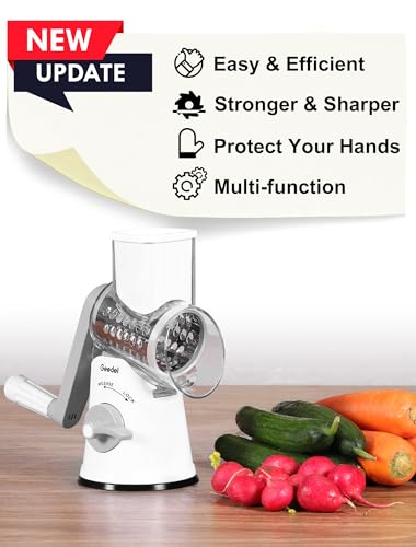 Geedel Käsereibe, Reibe für Gemüse mit 5 Trommelblättern, Gemüseschneider für Käse, Ice, Gurken, Karotten, Nüsse usw, Slushy Maker Ice Crusher Trommelreibe Schnelleres und Einfaches Schneiden (Weiß) 5