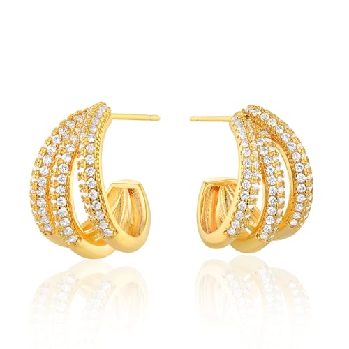 FETTERO Split Hoop Earrings 14K Gold Plated Chunky Hoop Earrings for Women Dainty Hypoallergenic Half Hoop Earring Jewelry Triple Hoop Earrings