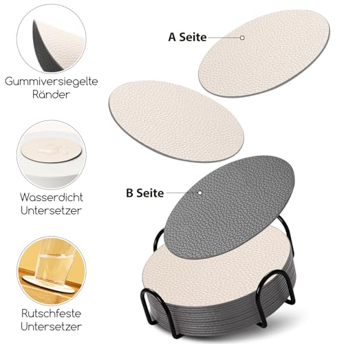 Gucass 12er Untersetzer Gläser, Doppelseitigen Glas Untersetzer aus Kunstleder, Glasuntersetzer Set mit Halter, Tischuntersetzer Lederoptik-untersetzer Grau und Creme
