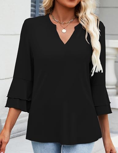 3/4 Length Sleeve Womens Tops V Neck Tunics Ruffle Sleeve Tops Blouses for Women Dressy Casual3