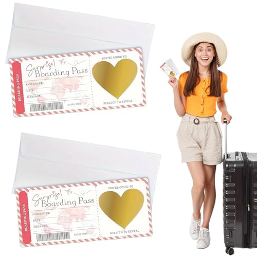 LACHT 2 Tarjetas De Raspado De Boletos De Viaje Con Sobres,Tarjeta De Embarque De Raspado Personalizada,Empaque De Regalo De Viaje Único,Boleto Sorpresa De Raspado Y Revelación Para Cumpleaños,Novias