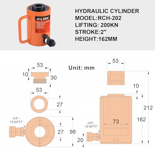 Image of HZLZRZ 20T Hydraulic Cylinder Jack Hollow Single Acting Hydraulic Ram Cylinder, Hydraulic Lifting Cylinders 2 inch(50mm) and Porta Power Kit(RCH-202)