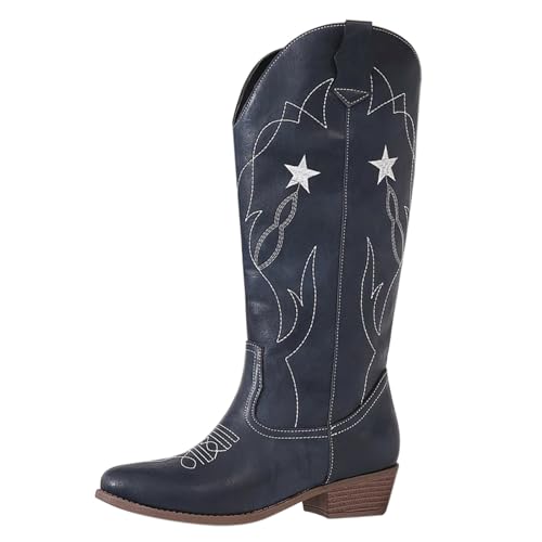 Botas occidentales de piel para mujer, botas de vaquero para mujer, de caña ancha, estilo vintage, para equitación, de transición, de piel sintética, antideslizantes, para campo, marine, 37 EU