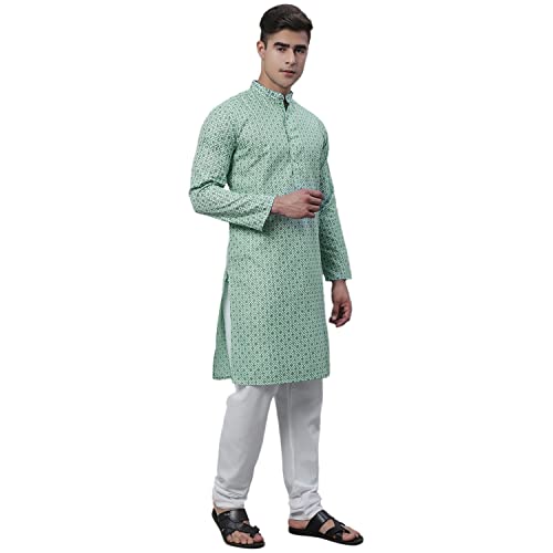 Image of SOJANYA (Since 1958 Men's Cotton Linen Blue Foil Printed Kurta and White Pyjama Set