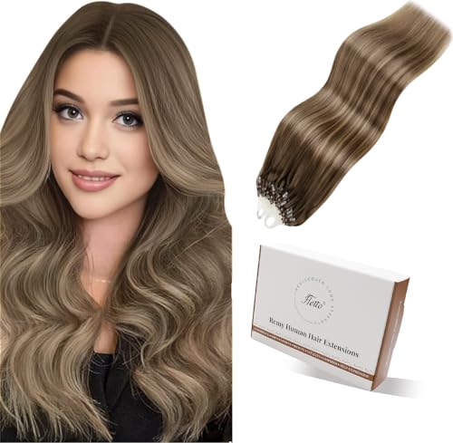 Hetto Microring Extensions Echthaar Balayage Hellbraun & Honeyblond 45cm 50g - Gleichmäßige Volumensteigerung mit Hitzefreien Microlinks, Für Dauerhaftes Tragen und Gute Stabilität #8/16/8