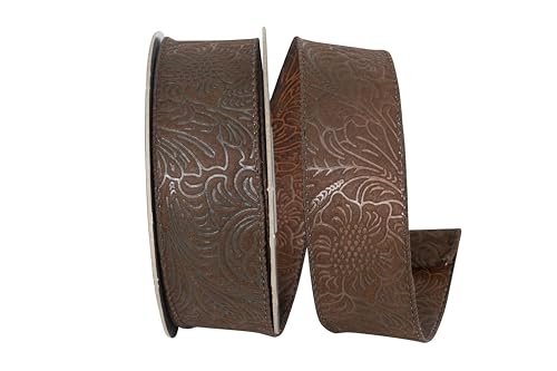 Reliant Ribbon Leaf Scroll Embossed Wired Edge Brown 1-1/2 Inch 10 Yards