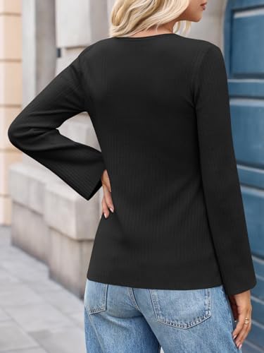 Image of Saodimallsu Womens Ribbed Long Sleeve Sweater Tops Button Up Crewneck Slim Fitted Cardigans Sexy Going Out Knit Shirts