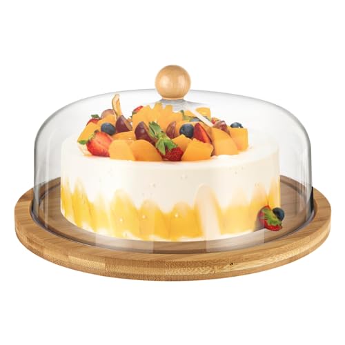LDXDRU 10 Inch Cake Stand with Dome Lid Wood Cake Plate with Cover