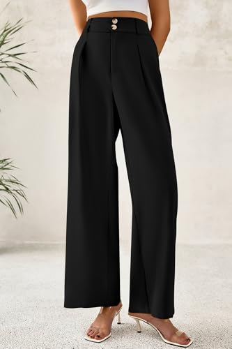 Image of CFLONGE Women Wide Leg Dress Pants High Waist Work Trousers Button Pleated Slacks Palazzo Pants Business Casual Outfits