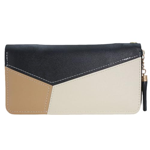Women's long wallet with phone compartment, multi card storage, long zipper tri color multi card slot design, 7.48 × 3.93 inches, black and beige color block design
