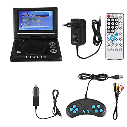 Lettore Dvd Portatile con Alimentatore di Bordo, Schermo orientabile da 7", Slot per schede SD e Porta USB, Radio FM, Supporto Memoria Break-Point per Viaggi su Strada(Spina UE)