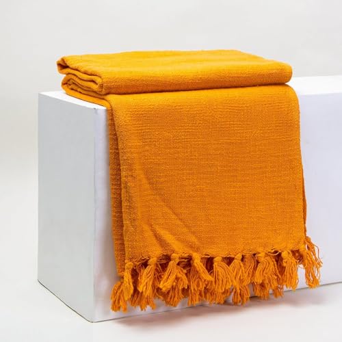 Image of Handmade Jute Cotton Sofa Throw Blanket 50x60 Inch Solid Soft for Couch, Living Room, Bed Reversible and Breathable (Orange)