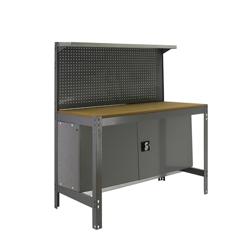 Simon Rack Banco de Trabajo Taller, Capacidad Carga 600 kg, 1445x1210x610 mm, Mesa de Trabajo, Guarda Herramientas, Gris/Madera - BT3