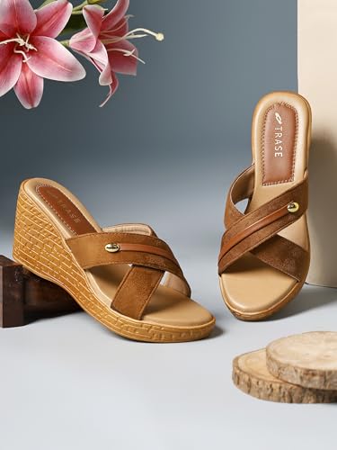 Image of TRASE Heel Luxe Wedge Heels For Women - Wedge Sandals For Women Stylish - Women Fashion Cross Strap Sandals - Comfortable Women Heels Wedges - Wedges Women