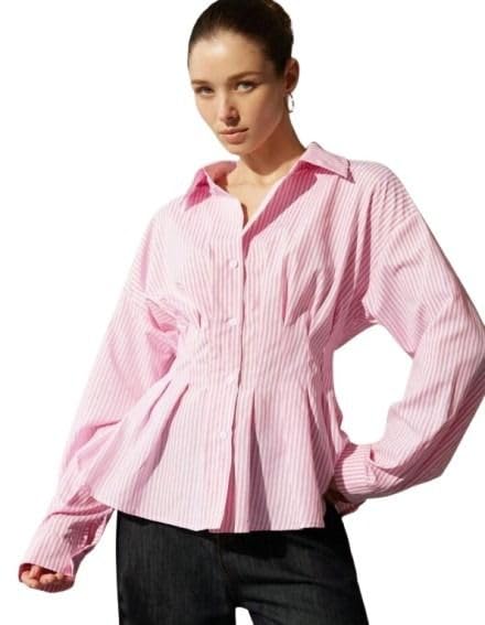 pataka devi Women’s Pink Striped Button-Up Shirt with Cinched Waist Pleated Detailing Long Sleeves Collared Neckline Structured Feminine Casual Office Top - Pink-picture-34