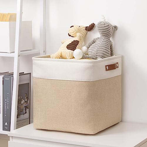 Image of DULLEMELO Cube Storage Bin 13x13,Collapsible Fabric Storage Cube for Organizing,Cubby Storage Basket for Shelves,Closet,Laundry,Nursery,Toys,Clothes (White&Khaki)