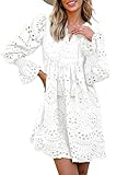 Dokotoo Eyelet Dresses for Women 2025 Tassel V Neck Cotton Midi Dress Long Sleeve A Line Hollow Out White Lace Dress Fashion Elegant White Sun Dress XX-Large