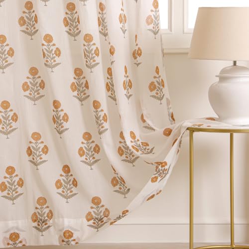 Image of Clasiko Block Print Sheer Door Curtains| 7 Feet | 40% Light Filtering Linen Textured Curtains with Eyelets & Tieback | Handcrafted Floral