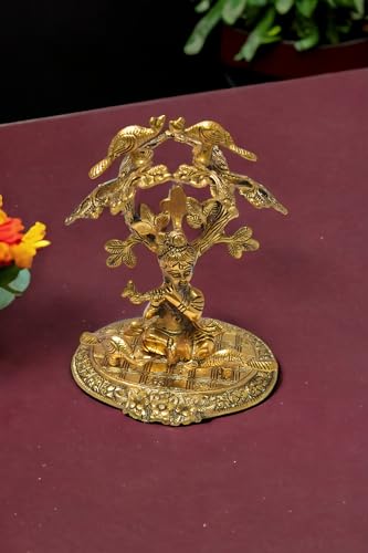 Image of KridayKraft Shri Krishna Sitting Under Tree Laddu Gopal with Playing Flute Metal Statue Showpiece Figurines,Religious Idol Gift Article.