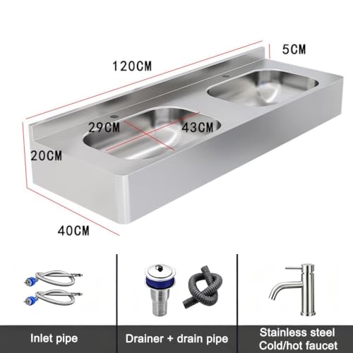 Lavabo comercial de doble cubeta con canal rectangular flotante para pared 3