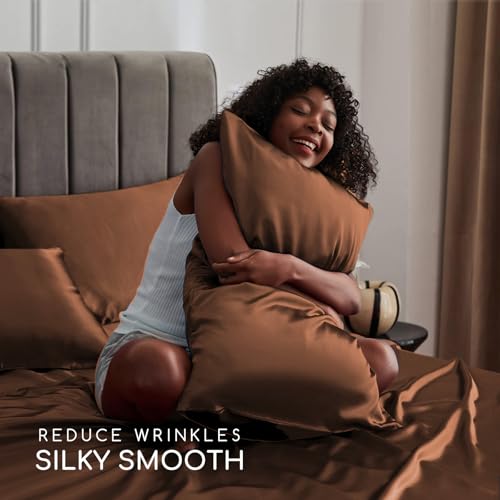 Image of MR&HM Satin Bed Sheets, Full Size Sheets Set, 4 Pcs Silky Bedding Set with 15 Inches Deep Pocket for Mattress (Full, Brown)