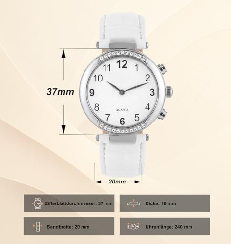 Sprechende Damen-Armbanduhr mit deutscher Stimme, Ansage von Zeit und Datum, Quarz-Uhr mit Lederarmband, weiß – für Sehbehinderte und Senioren