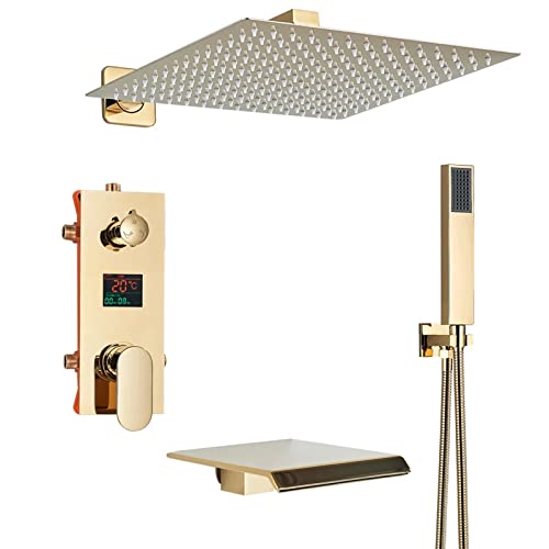 隠しレインシャワー蛇口を備えたゴールドシャワーシステムフィクスチャシャワーとハンドシャワーの滝の噴水10インチ埋め込み箱が含まれています Beauty Comes