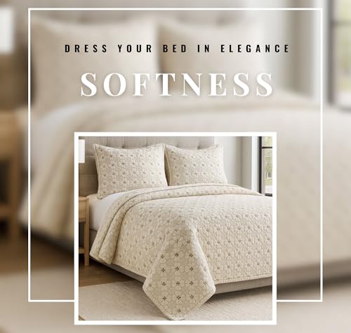 Image of VAS COLLECTIONS 100% Cotton Quilted Bedcover Set, 280 TC Soft & Lightweight King Size (90x100 in / 228x254 cm), Coverlet with 2 Pillow Covers (Creamy Beige)