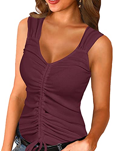 Image of Womens Summer V Neck Tank Tops Drawstring Ribbed Knitted Fitted Sleeveless Shirts Wine Red Medium