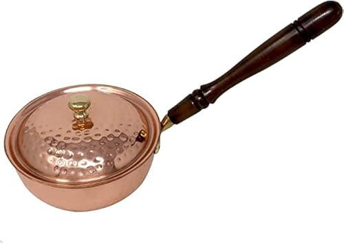 GURU JEE Olla de cocina de cobre con asas de madera con tapa, utensilios de cocina martillados a mano, capacidad de 1150 ml Cover