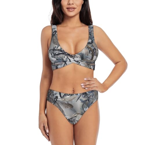 Maillot de bain deux pièces gris à motif libellules imprimé poétique et doux