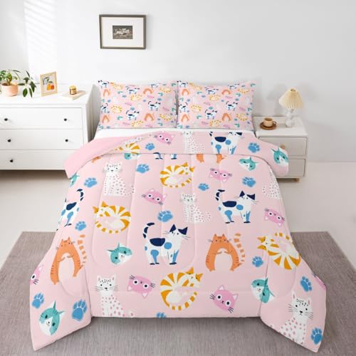 Feelyou Toddler Size Cute Colorful Cat Bedding for Kids Teen Girls Room Decor Cat Comforter Set Kawaii Pink Kitten Quilt Feline Paw Bed Sets Ultra Soft Microfiber with 2 Piece