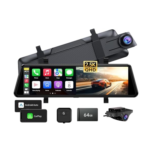 2.5K Mirror Dash Cam Carplay Mirror & Android Auto with Pullable Front Camera, 10″ Rear View Mirror Backup Camera with Voice Control/BT Call/64GB Card Included-JOMISE C810