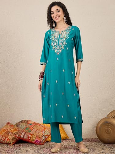 Image of VredeVogel Women's Beads Embroidered Silk Blend Kurta Pant Set with Organza Dupatta | Perfect for Festive & Casual Ethnic Kurta Set for Women