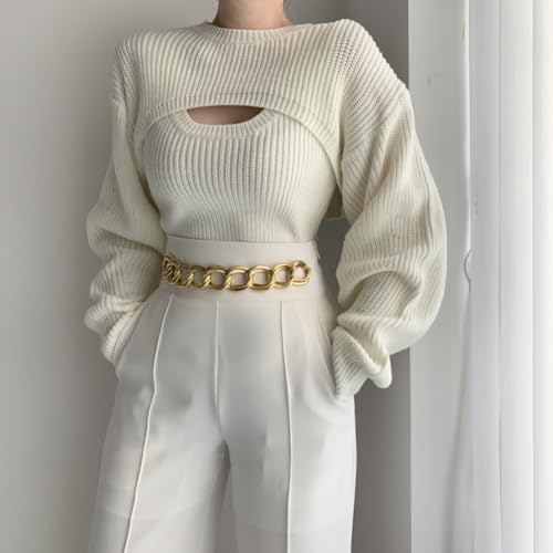 Women's Two Piece Sweater Top Set Y2K Long Sleeve Bolero Shrug Top and Knitted Slim Fit Solid Color Tank Tops2