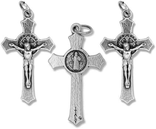 Pack of 3 - St Benedict Crucifix Cross for Rosary Making 1.5 inch Silver Oxidized Crucifix Rosary Part for Saint Benedict Rosary or Rosary Making Supplies Made in Italy
