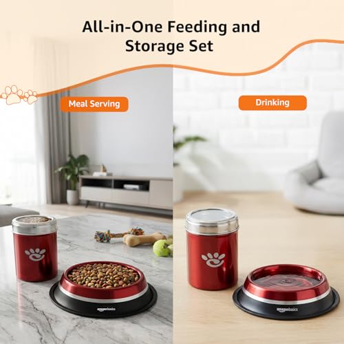Image of Amazon Basics Stainless Steel Pet Feeding Bowls for Dog & Cats | Anti Slip Base | 2 Pcs Set | Canister & Dog Bowl in Double tonned | Canister 1000 ml & Dog Bowl 900 ml