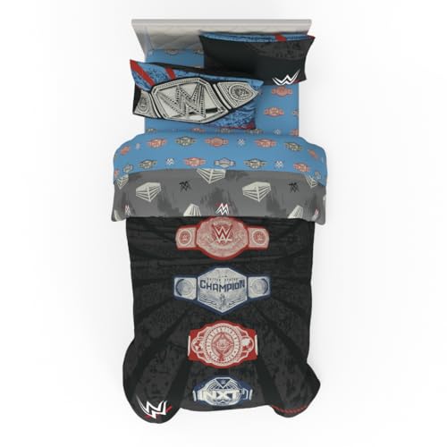 WWE Wrestling Parure de lit Simple réversible 4 pièces en Microfibre Super Douce avec Ceintures de Championnat (Produit sous Licence Officielle) by Franco