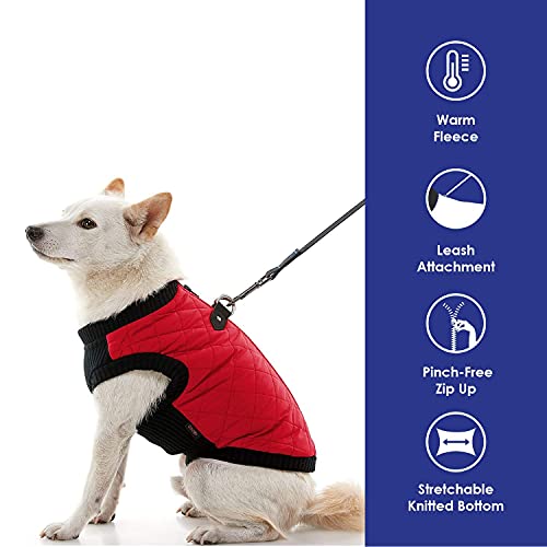 Image of Gooby Fashion Vest Dog Jacket, Red, Large | Quilted bomber, water-resistant; Stretch knit bottom; Dual D-ring leash; Pain-free zipper guard; Warm