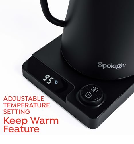 Image of Sipologie Precision Electric Gooseneck Kettle - Fast Heating, Customizable Temperature, Keep Warm Feature, Auto Shut-Off, Stainless Steel Construction, 1200W, 1L