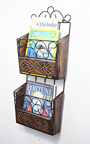 Image of Wall Magazine Rack | Wood & Wrought Iron Newspaper Holder | Book Storage Wall Shelf | Home & Office Organizer | Black & Natural | 67x28x11 cm